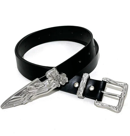 TALKLESSFASHION 110cm Direction of Light Western Swordsman Belt Kendo Carved Pants Belt Vintage Black Niche Belt