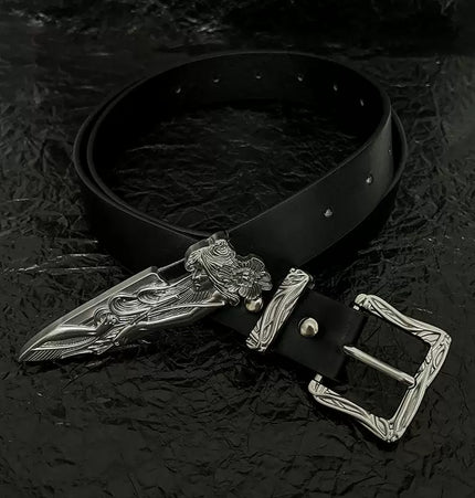TALKLESSFASHION 110cm Direction of Light Western Swordsman Belt Kendo Carved Pants Belt Vintage Black Niche Belt