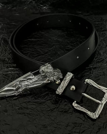 TALKLESSFASHION 110cm Direction of Light Western Swordsman Belt Kendo Carved Pants Belt Vintage Black Niche Belt