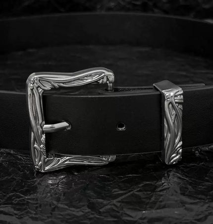 TALKLESSFASHION 110cm Direction of Light Western Swordsman Belt Kendo Carved Pants Belt Vintage Black Niche Belt