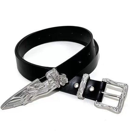 TALKLESSFASHION 110cm Direction of Light Western Swordsman Belt Kendo Carved Pants Belt Vintage Black Niche Belt