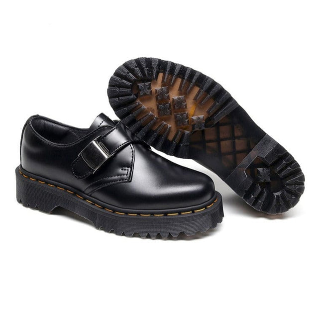 TALKLESSFASHION 1461 buckle platform low-top boots, British style casual small leather shoes, versatile student height increase thin booties women's 3.5