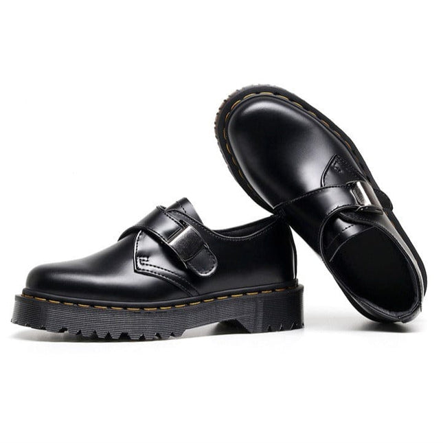 TALKLESSFASHION 1461 buckle platform low-top boots, British style casual small leather shoes, versatile student height increase thin booties women's 3.5