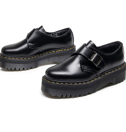 TALKLESSFASHION 1461 buckle platform low-top boots, British style casual small leather shoes, versatile student height increase thin booties women's 3.5