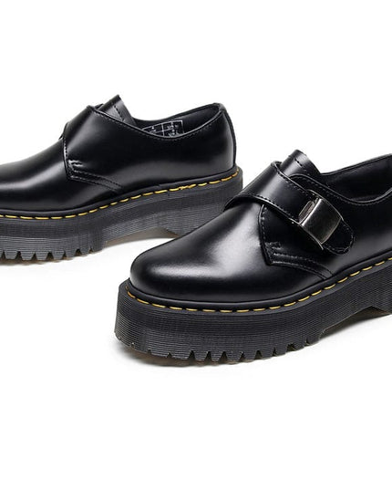 TALKLESSFASHION 1461 buckle platform low-top boots, British style casual small leather shoes, versatile student height increase thin booties women's 3.5