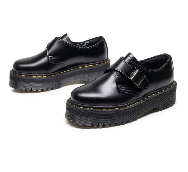 TALKLESSFASHION 1461 buckle platform low-top boots, British style casual small leather shoes, versatile student height increase thin booties women's 3.5