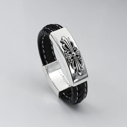 TALKLESSFASHION 18cm CH Croling Crusader Flower Leather Bracelet Thai Silver Personality Cross Bracelet Vintage Old Men and Women Couple Bracelet