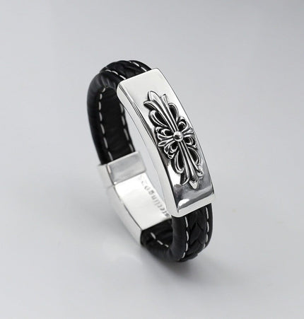 TALKLESSFASHION 18cm CH Croling Crusader Flower Leather Bracelet Thai Silver Personality Cross Bracelet Vintage Old Men and Women Couple Bracelet