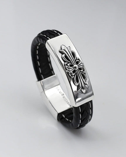 TALKLESSFASHION 18cm CH Croling Crusader Flower Leather Bracelet Thai Silver Personality Cross Bracelet Vintage Old Men and Women Couple Bracelet