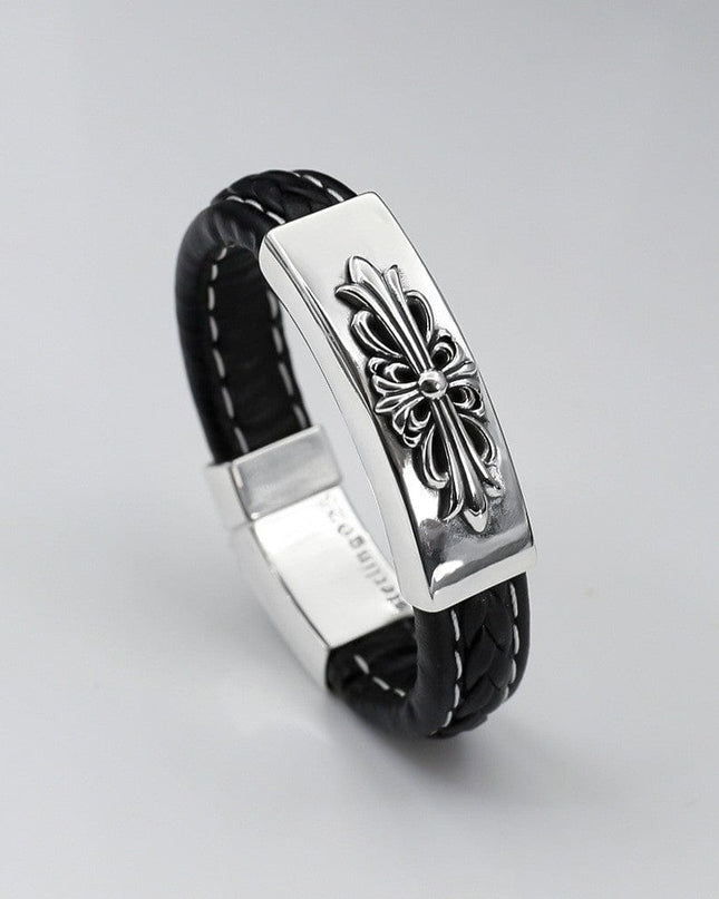 TALKLESSFASHION 18cm CH Croling Crusader Flower Leather Bracelet Thai Silver Personality Cross Bracelet Vintage Old Men and Women Couple Bracelet
