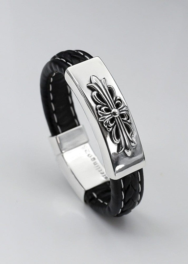 TALKLESSFASHION 18cm CH Croling Crusader Flower Leather Bracelet Thai Silver Personality Cross Bracelet Vintage Old Men and Women Couple Bracelet