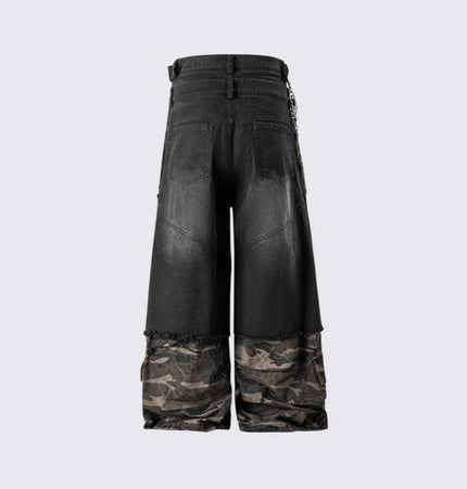THETLSTUDIO 2025 American High Street RO Style Heavy Washed Camouflage Embroidered Jeans Fake Two Wide-Leg Pants
