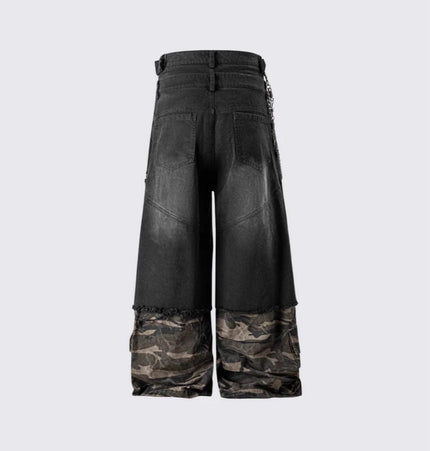 THETLSTUDIO 2025 American High Street RO Style Heavy Washed Camouflage Embroidered Jeans Fake Two Wide-Leg Pants