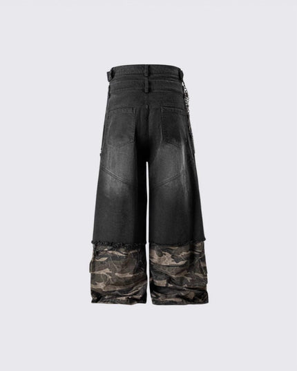 TALKLESSFASHION 2025 American High Street RO Style Heavy Washed Camouflage Embroidered Jeans Fake Two Wide-Leg Pants