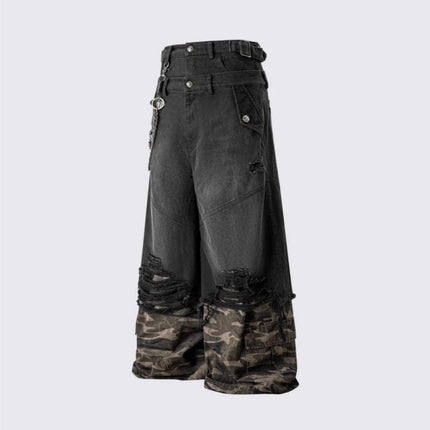 TALKLESSFASHION 2025 American High Street RO Style Heavy Washed Camouflage Embroidered Jeans Fake Two Wide-Leg Pants