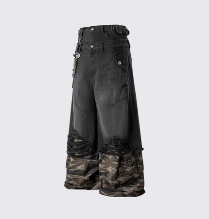 THETLSTUDIO 2025 American High Street RO Style Heavy Washed Camouflage Embroidered Jeans Fake Two Wide-Leg Pants