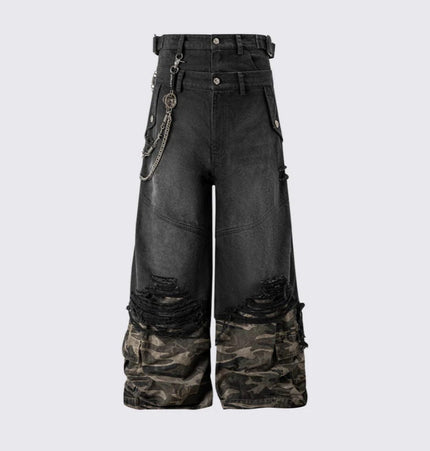 THETLSTUDIO 2025 American High Street RO Style Heavy Washed Camouflage Embroidered Jeans Fake Two Wide-Leg Pants