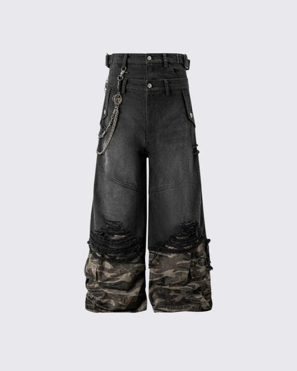 TALKLESSFASHION 2025 American High Street RO Style Heavy Washed Camouflage Embroidered Jeans Fake Two Wide-Leg Pants