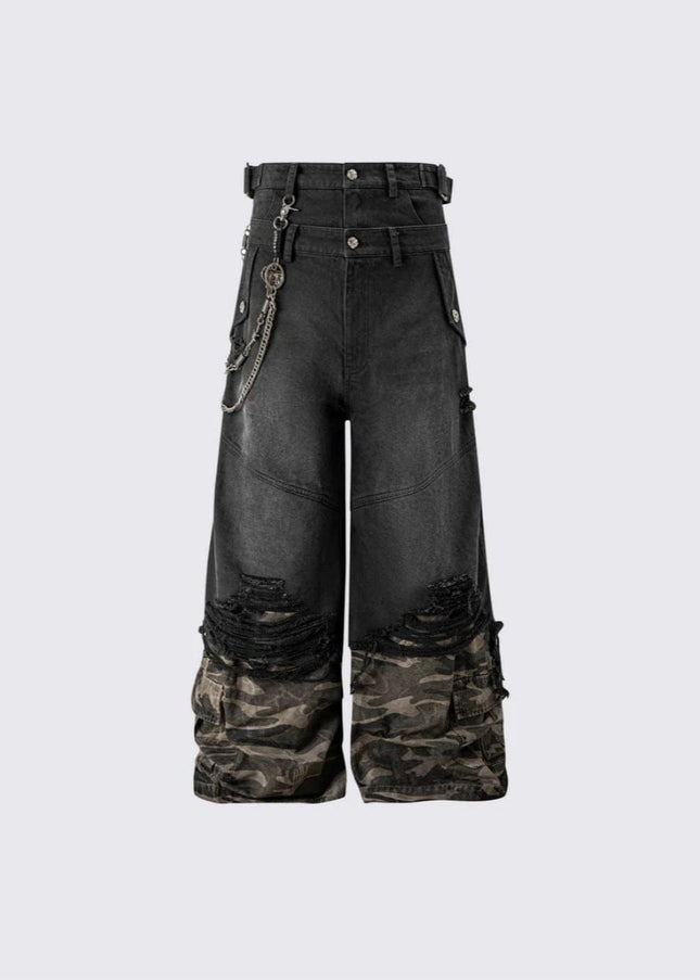 TALKLESSFASHION 2025 American High Street RO Style Heavy Washed Camouflage Embroidered Jeans Fake Two Wide-Leg Pants