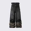 TALKLESSFASHION 2025 American High Street RO Style Heavy Washed Camouflage Embroidered Jeans Fake Two Wide-Leg Pants