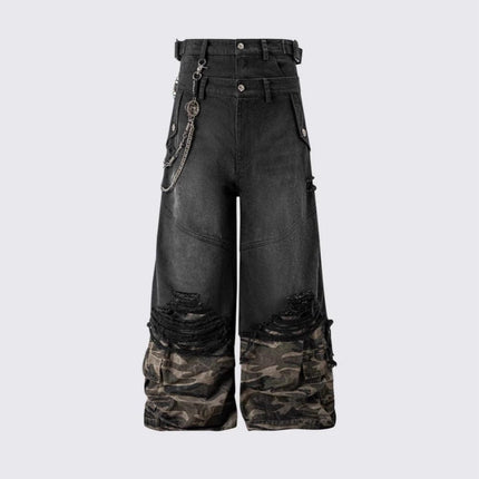 TALKLESSFASHION 2025 American High Street RO Style Heavy Washed Camouflage Embroidered Jeans Fake Two Wide-Leg Pants