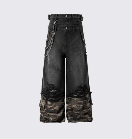 THETLSTUDIO 2025 American High Street RO Style Heavy Washed Camouflage Embroidered Jeans Fake Two Wide-Leg Pants