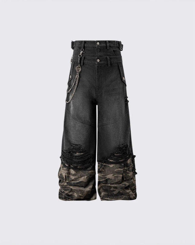 TALKLESSFASHION 2025 American High Street RO Style Heavy Washed Camouflage Embroidered Jeans Fake Two Wide-Leg Pants