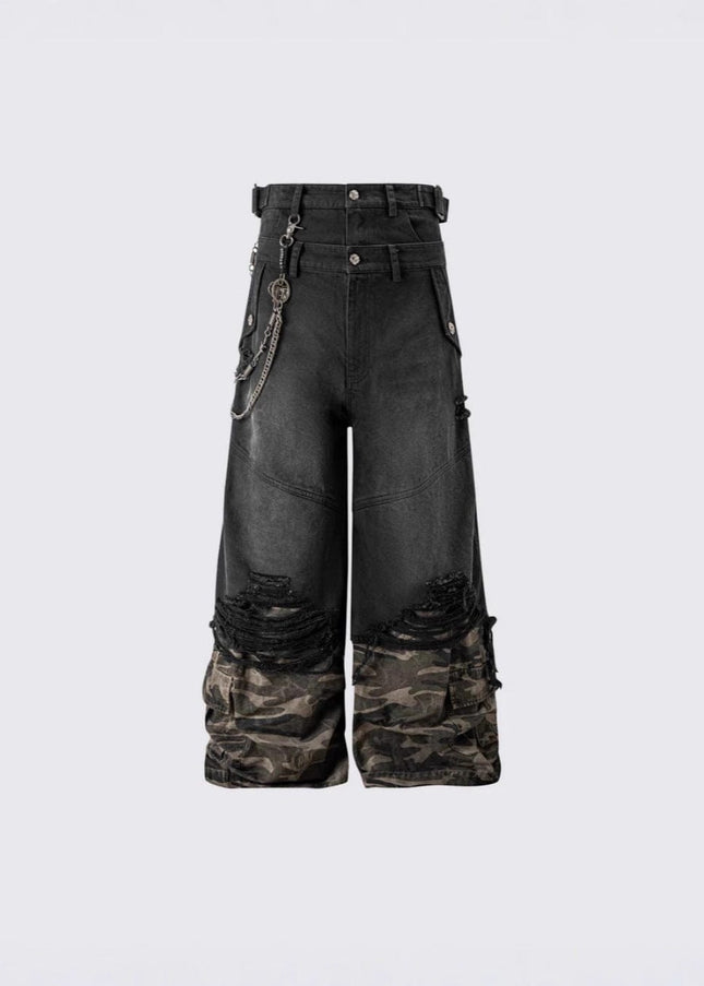TALKLESSFASHION 2025 American High Street RO Style Heavy Washed Camouflage Embroidered Jeans Fake Two Wide-Leg Pants