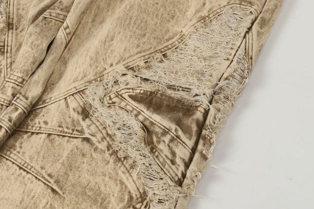 TALKLESSFASHION 2025 New Scimitar Denim Pants High Street Wasteland Style Torn Raw Edge Loose Slimming Washed Jeans
