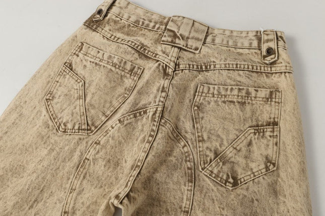 TALKLESSFASHION 2025 New Scimitar Denim Pants High Street Wasteland Style Torn Raw Edge Loose Slimming Washed Jeans