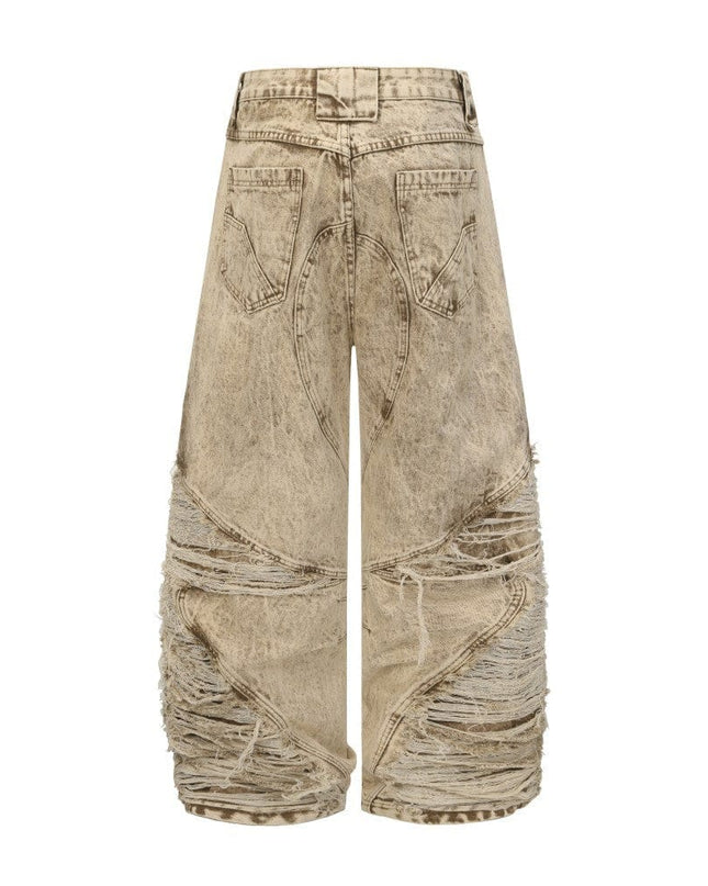 TALKLESSFASHION 2025 New Scimitar Denim Pants High Street Wasteland Style Torn Raw Edge Loose Slimming Washed Jeans