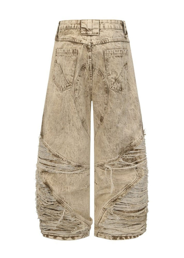 TALKLESSFASHION 2025 New Scimitar Denim Pants High Street Wasteland Style Torn Raw Edge Loose Slimming Washed Jeans