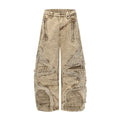 TALKLESSFASHION 2025 New Scimitar Denim Pants High Street Wasteland Style Torn Raw Edge Loose Slimming Washed Jeans