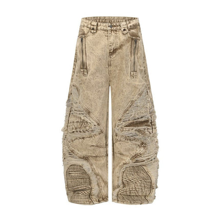 TALKLESSFASHION 2025 New Scimitar Denim Pants High Street Wasteland Style Torn Raw Edge Loose Slimming Washed Jeans