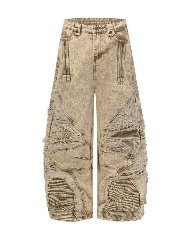 TALKLESSFASHION 2025 New Scimitar Denim Pants High Street Wasteland Style Torn Raw Edge Loose Slimming Washed Jeans