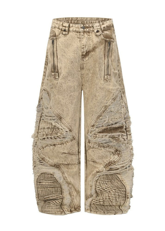 TALKLESSFASHION 2025 New Scimitar Denim Pants High Street Wasteland Style Torn Raw Edge Loose Slimming Washed Jeans