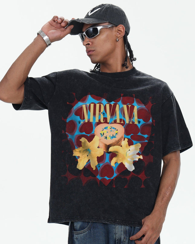 TALKLESSFASHION 2026 Spring and Summer Nirvana Heart-shaped Gift Box American Cotton T-Shirt Men's Direct Jet Print Summer Breathable American Short Sleeves