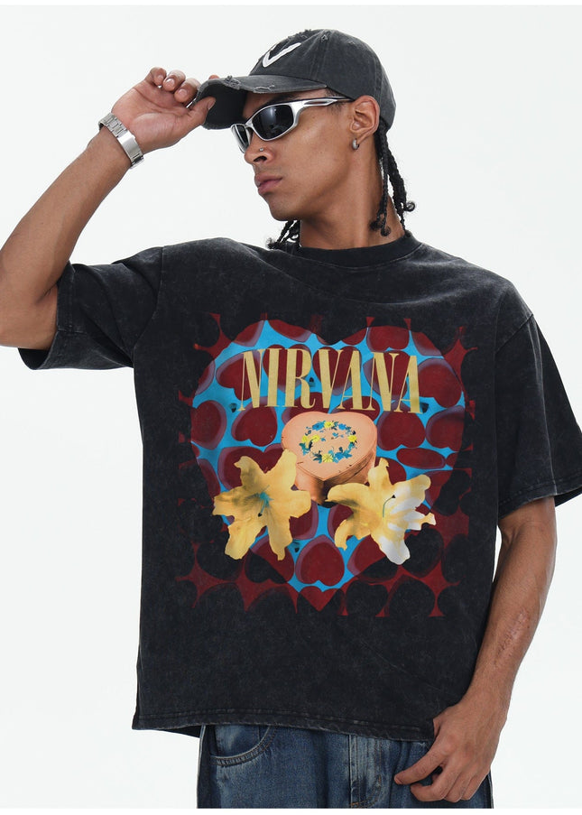 TALKLESSFASHION 2026 Spring and Summer Nirvana Heart-shaped Gift Box American Cotton T-Shirt Men's Direct Jet Print Summer Breathable American Short Sleeves
