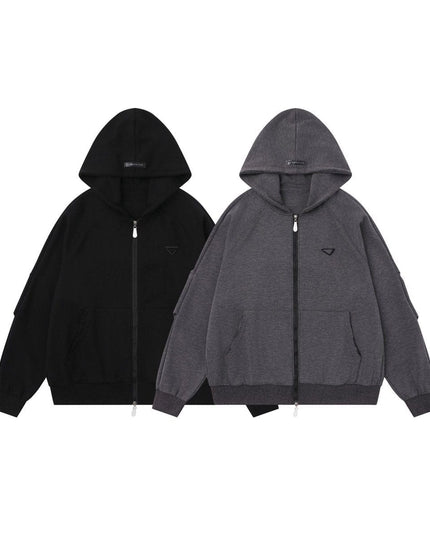 TALKLESSFASHION 25010 Retro High-End Neutral Trend Solid Color Deconstructed Jacket Design Men's Loose Cardigan Hooded Sweatshirt