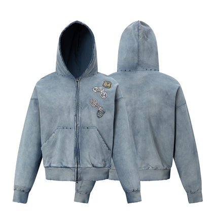 TALKLESSFASHION 27362 American trend washed and worn print design short and wide men's hooded cardigan sweatshirt jacket