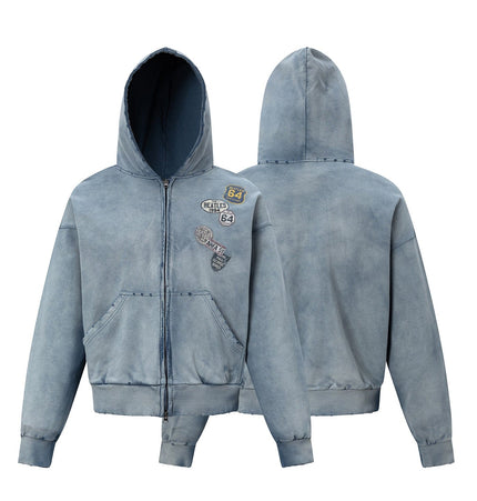 THETLSTUDIO 27362 American trend washed and worn print design short and wide men's hooded cardigan sweatshirt jacket