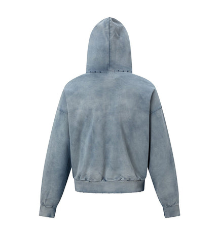 THETLSTUDIO 27362 American trend washed and worn print design short and wide men's hooded cardigan sweatshirt jacket