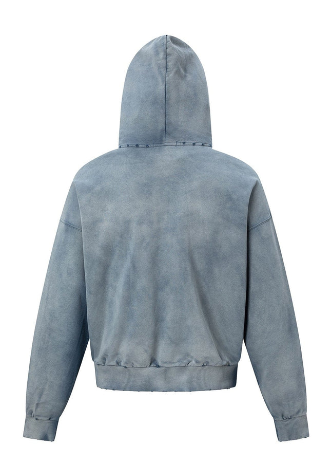 TALKLESSFASHION 27362 American trend washed and worn print design short and wide men's hooded cardigan sweatshirt jacket