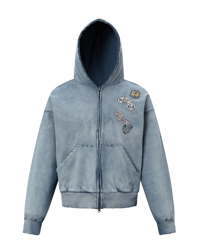 TALKLESSFASHION 27362 American trend washed and worn print design short and wide men's hooded cardigan sweatshirt jacket
