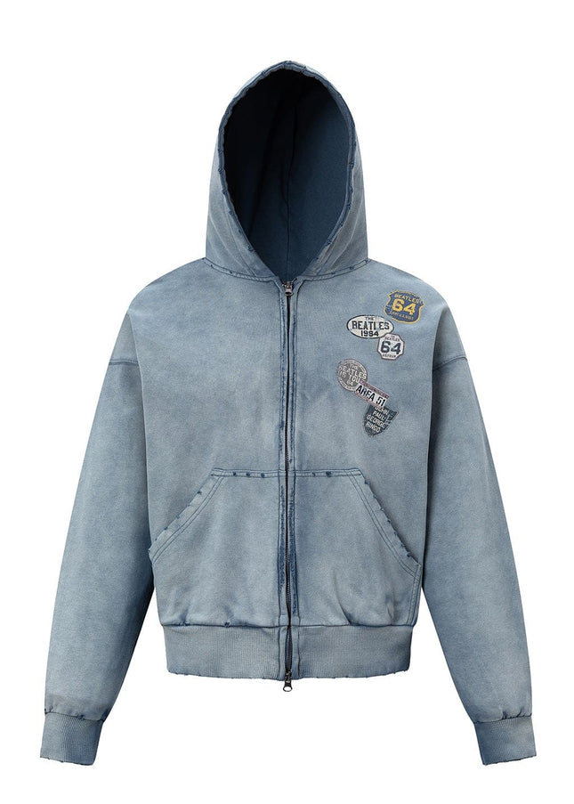 TALKLESSFASHION 27362 American trend washed and worn print design short and wide men's hooded cardigan sweatshirt jacket