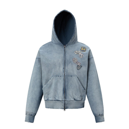 THETLSTUDIO 27362 American trend washed and worn print design short and wide men's hooded cardigan sweatshirt jacket