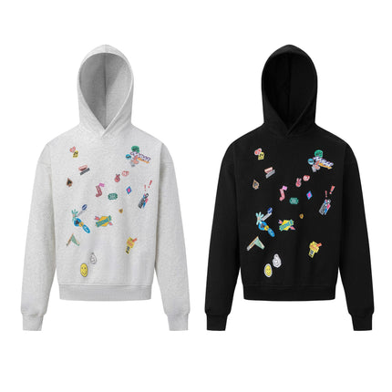 TALKLESSFASHION 27412 American retro neutral high-end fun sticker print design men's heavy loose hooded sweatshirt