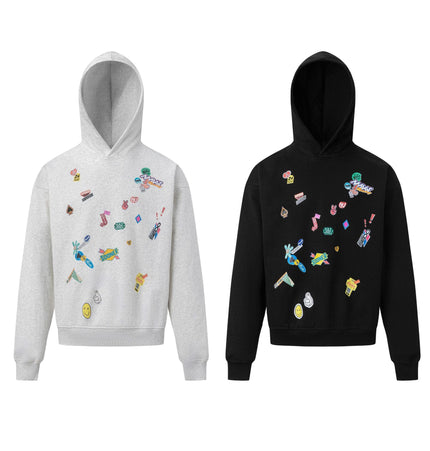 THETLSTUDIO 27412 American retro neutral high-end fun sticker print design men's heavy loose hooded sweatshirt