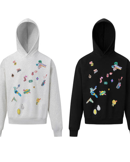 TALKLESSFASHION 27412 American retro neutral high-end fun sticker print design men's heavy loose hooded sweatshirt
