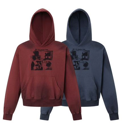 THETLSTUDIO 27415 American street trend neutral trend print old-feeling spray horse design short and wide men's hooded sweatshirt